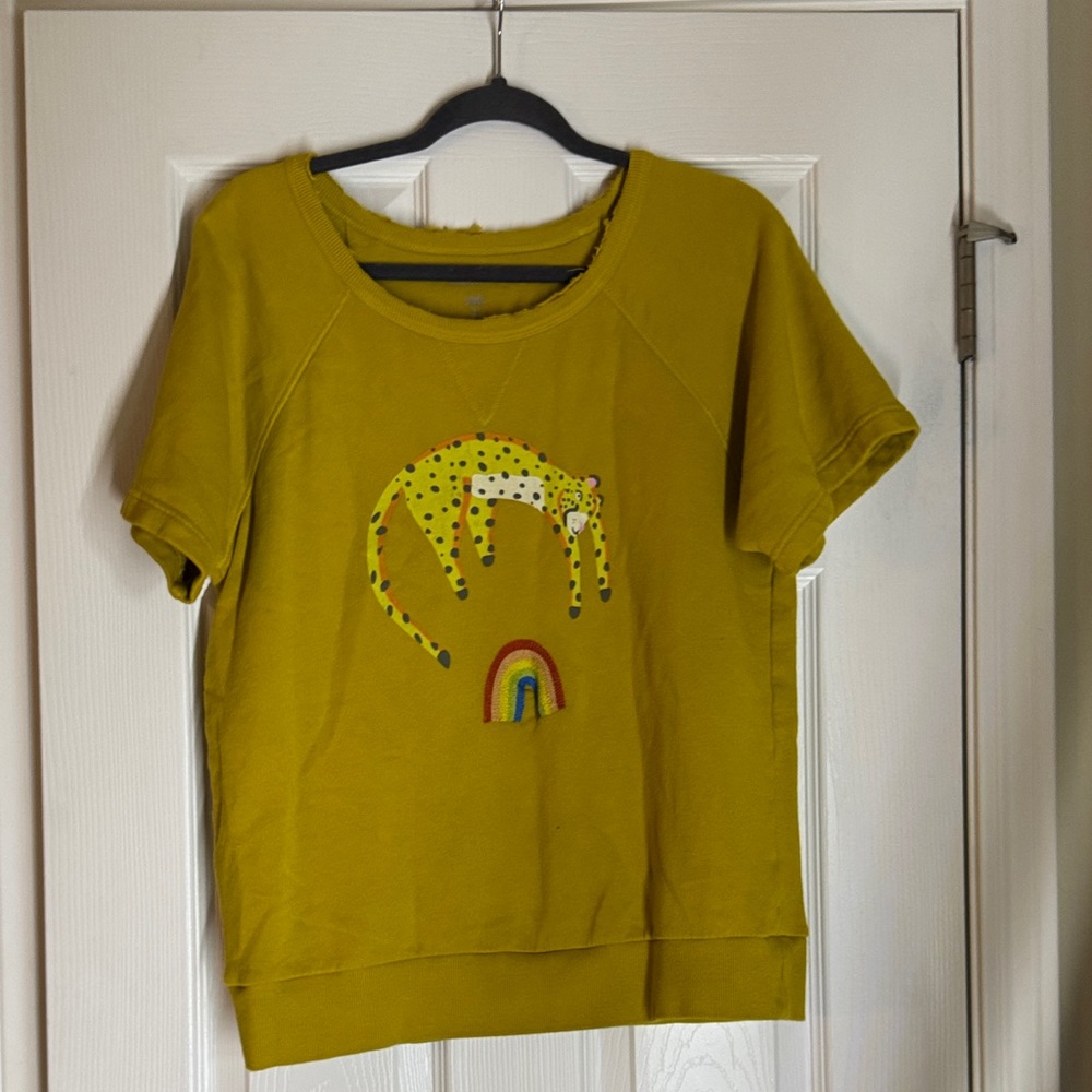 Anthropologie Mustard Short Sleeve Tee with Spotted Leopard and Rainbow